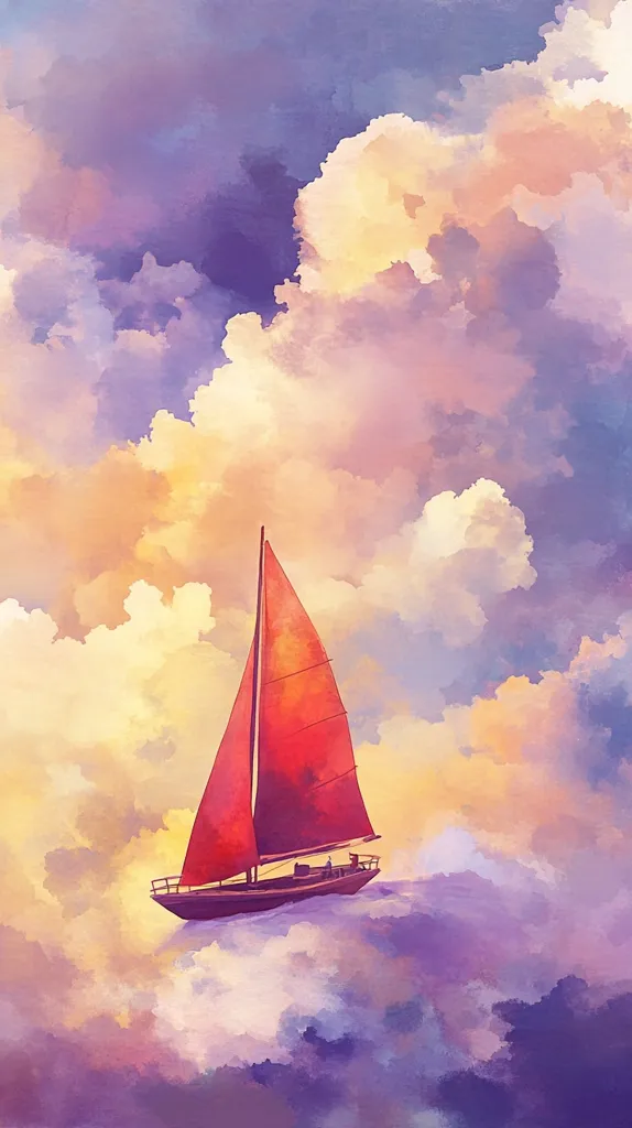A single sailboat with a bright red sail navigates through a dreamy sky. The clouds are painted in shades of purple, pink, and yellow, creating a serene and ethereal atmosphere. The sailboat appears small against the vast expanse of the sky, emphasizing the sense of tranquility and wonder.