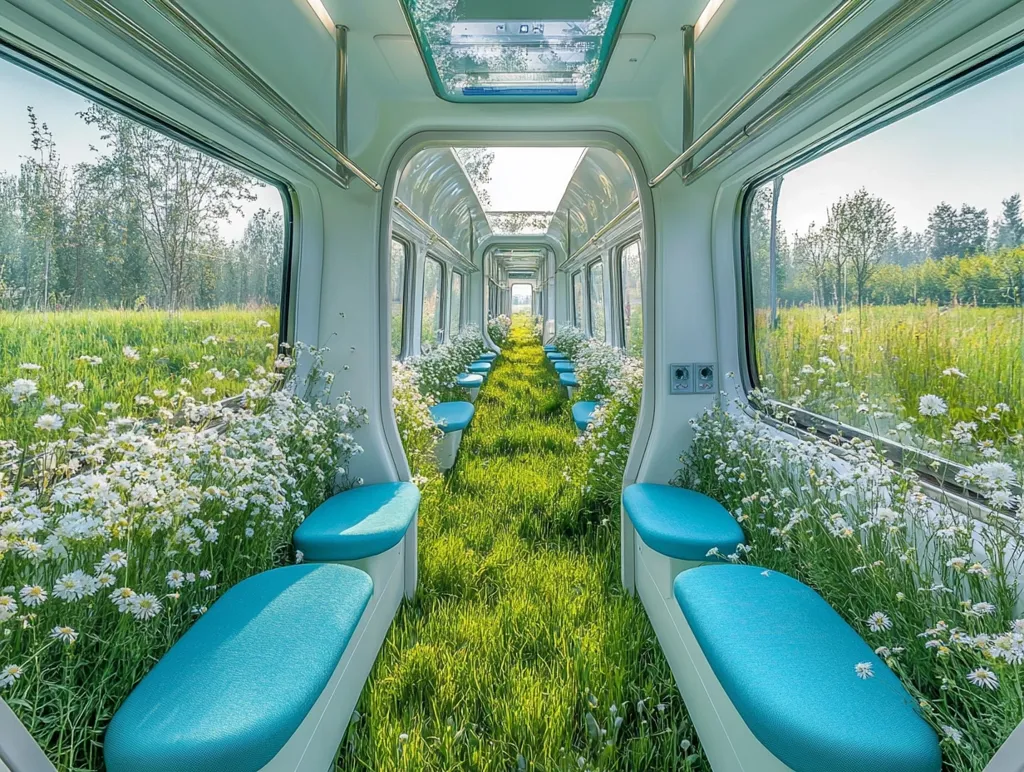 The interior of a train car is transformed into a lush, verdant space.  Green grass carpets the floor, with rows of blue seats lining either side.  Windows reveal a similar grassy landscape, blurring the line between the train and the outside world.  White daisies bloom in abundance, adding a touch of color and whimsy to the scene.  The image suggests a surreal, almost dreamlike experience of travel.