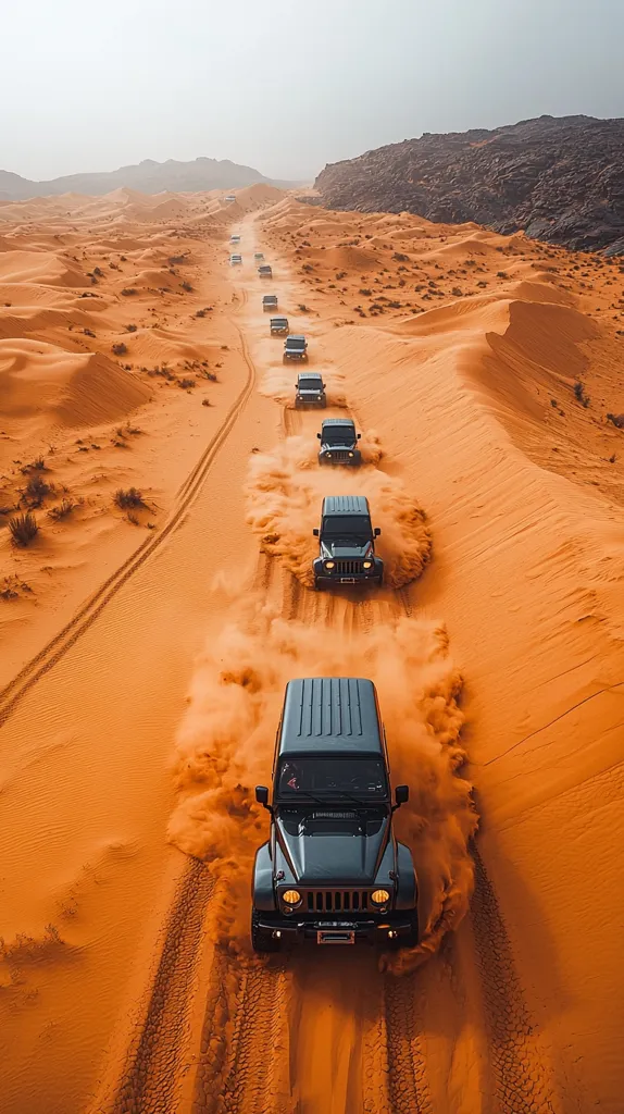 A convoy of black 4x4 vehicles drives through a vast orange desert, kicking up a cloud of dust. The vehicles travel in a single file line, their tires leaving deep tracks in the sand.  The scene is captured from a high angle, emphasizing the vastness of the desert and the smallness of the vehicles. The image evokes a sense of adventure and exploration.