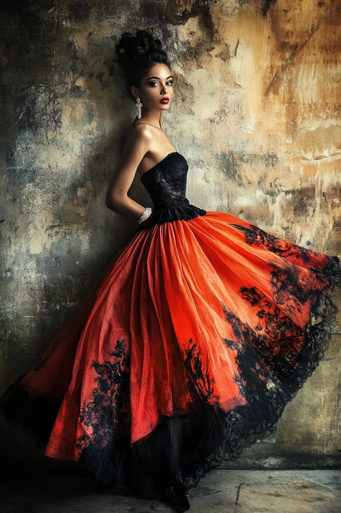 A woman in a black and red dress stands against a rustic, weathered wall. The dress has a black bodice and a flowing red skirt with delicate black lace detailing. She has her hair pulled back and wears simple earrings. Her expression is intense, with a hint of sadness in her eyes. The contrasting colors and textures create a dramatic and alluring image.  The lighting is soft, casting subtle shadows on the woman and the wall behind her.