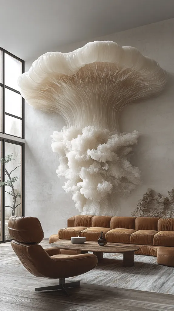 A large, organic-shaped white sculpture resembling a mushroom hangs on the wall of a modern living room.  It appears to be made of delicate white strands, creating a soft, cloud-like effect.  A brown leather armchair sits next to a long, brown leather sofa, inviting relaxation in a serene, minimalist setting.  A wooden coffee table and a neutral-toned rug complete the scene.  The room is bathed in soft, natural light, enhancing the sculptural beauty of the artwork.