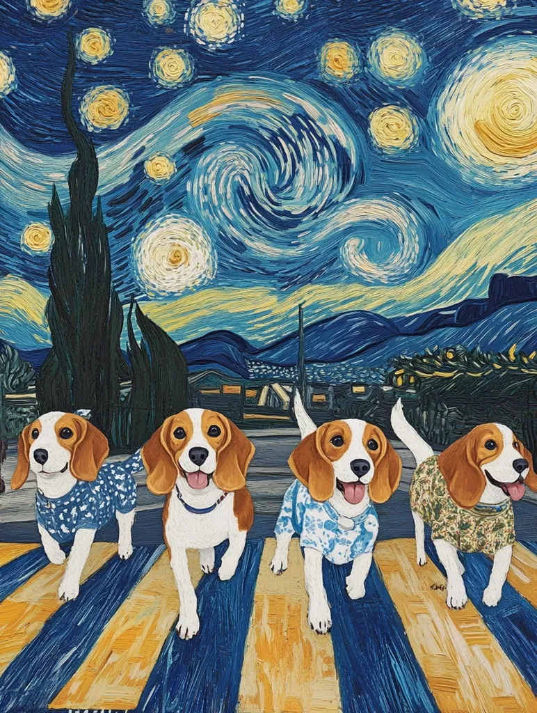 Four beagles are walking across a crosswalk in the style of Van Gogh's Starry Night. The sky is a swirling blue with yellow stars, and the crosswalk is painted with yellow and blue stripes. The beagles are wearing colorful shirts and look happy and excited to be out for a walk.  The scene is whimsical and playful, capturing the spirit of both Van Gogh's iconic painting and the joy of owning a dog.