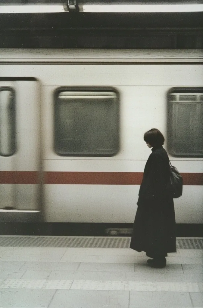 A lone figure in a long black coat and a backpack stands on the platform, watching a train speed by. The train is blurred, suggesting motion, while the platform and the figure are sharp, creating a sense of stillness. The scene is monochrome, with only the red stripe on the train breaking the grey and white hues. The image evokes feelings of solitude and contemplation.