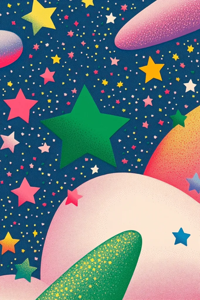 The image is a bright and colorful abstract design featuring a blue background with a scattered pattern of tiny white dots. Overlaid are large, stylized, multi-colored stars and organic shapes, including a pink and purple blob at the top, and green, pink, and orange shapes toward the bottom. The overall effect is whimsical and playful.