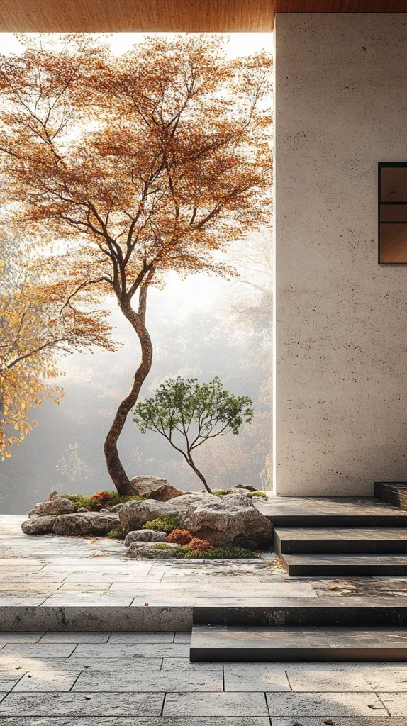 A modern concrete structure with large windows frames a scenic view of a forest with an autumnal tree in the foreground. The tree is a focal point, with its branches reaching up and out, creating a sense of peaceful stillness. The ground is covered with large rocks and small trees, adding texture and depth to the scene.  The light from the window creates a warm and inviting glow, enhancing the sense of tranquility.  The building is simple and modern, with clean lines and a smooth concrete finish. The contrast between the natural and built environments is striking, yet harmonious.