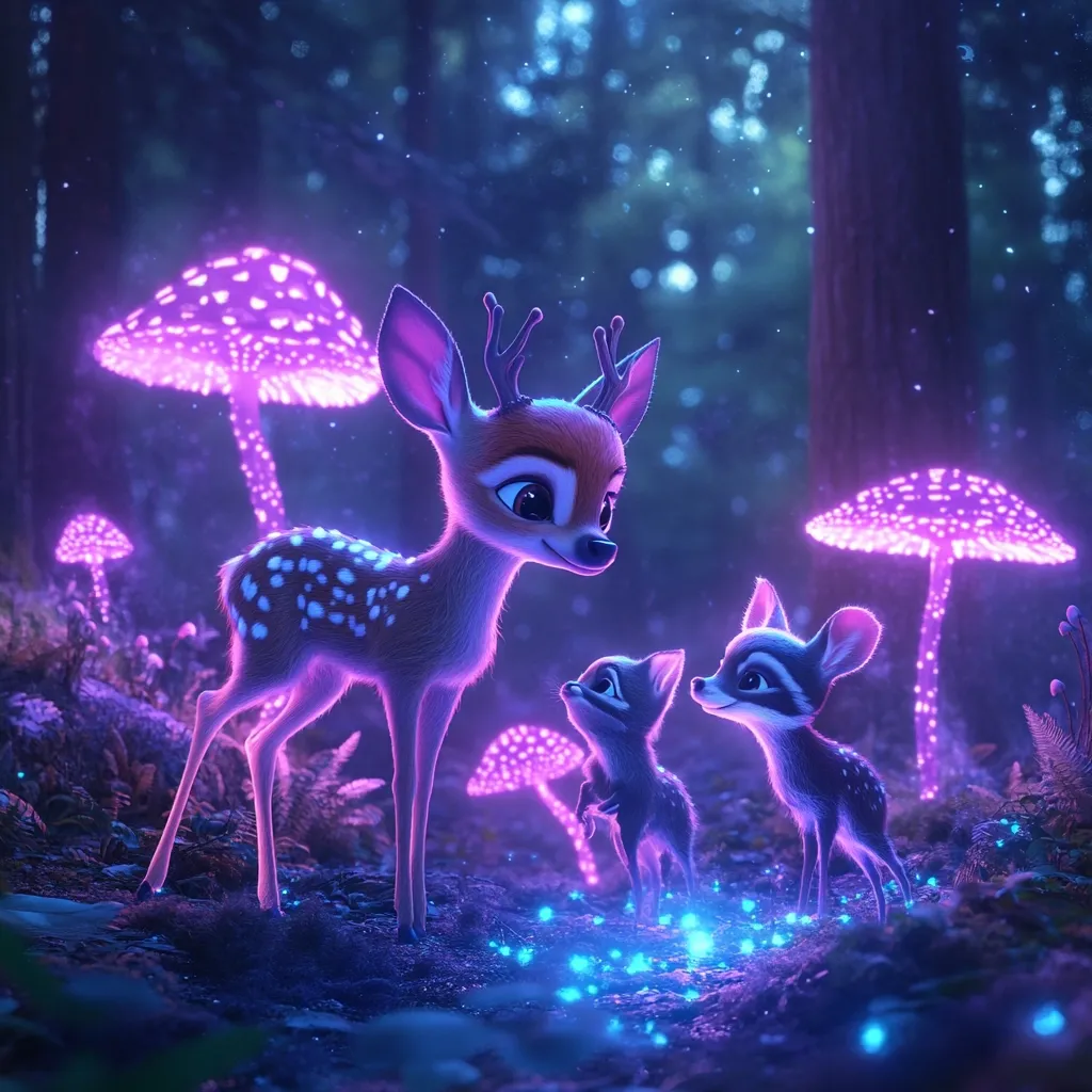 A mother deer stands over her two fawns in a mystical forest. They are bathed in a purple glow emanating from luminous mushrooms. The forest is alive with twinkling blue lights, creating an enchanting and magical atmosphere. The deer and fawns have large eyes and sweet expressions, adding to the whimsical charm of the scene.