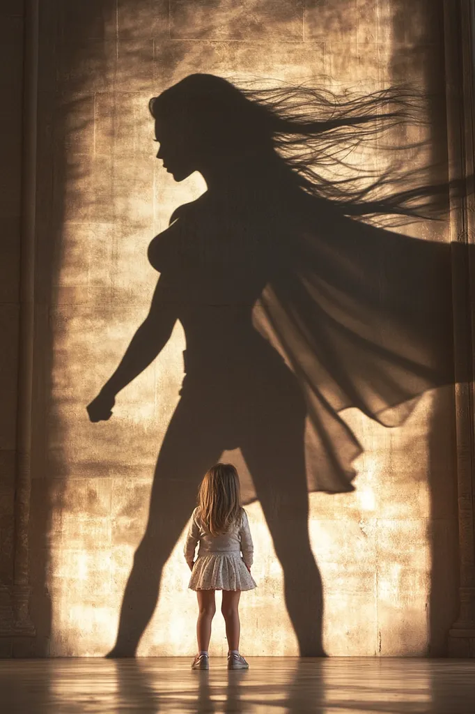 A young girl stands in front of a wall, her shadow cast on the wall behind her. The shadow is that of a powerful woman, with flowing hair and a cape, resembling a superhero. The contrast between the girl's small stature and the imposing shadow suggests a story of empowerment and looking up to a role model.  The image evokes themes of strength, inspiration, and the potential within every individual.