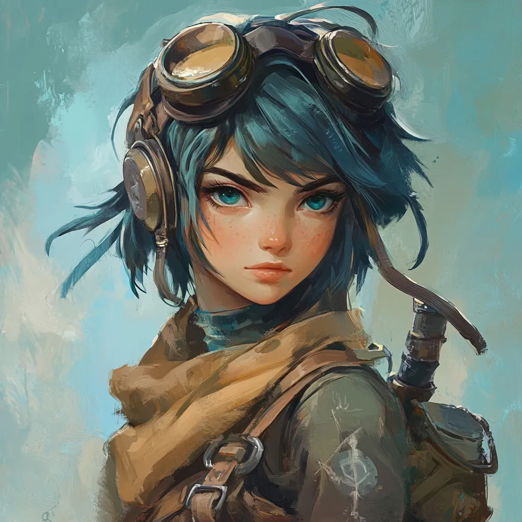 The image depicts a young woman with short, blue hair and piercing blue eyes. She is wearing a brown leather jacket with a large, brown scarf and a pair of goggles strapped over her head. She has freckles and a serious expression. The painting is done in a painterly style, with loose brushstrokes and a soft, hazy background.  The woman appears to be looking directly at the viewer.  The image evokes a sense of adventure, mystery, and strength.