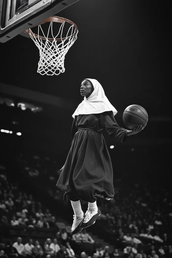 A woman in a long, flowing robe and a headscarf is in mid-air, about to shoot a basketball through a hoop. She has one hand on the ball, and her other hand is raised to help her balance. She is surrounded by a blurry crowd of people, and the image is in black and white, giving it a timeless feel. The overall impression is one of power and grace.