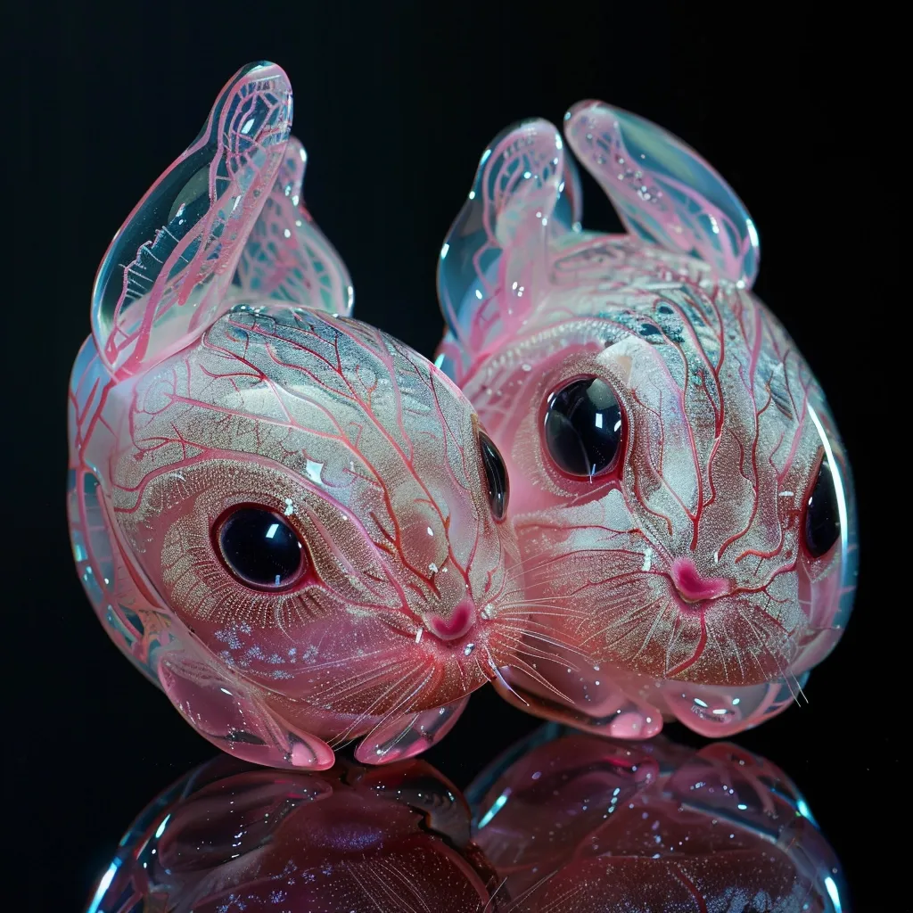 Two glass rabbit sculptures, made in a translucent pink with intricate veining, are positioned side-by-side. They have large, dark eyes and delicate features, and their bodies are partially transparent. The sculptures appear to be made of glass, and their reflective surfaces create a shimmering effect. The dark background accentuates the sculptures' vibrant colors.  The rabbits' noses are touching, and their expressions suggest a playful and affectionate interaction.