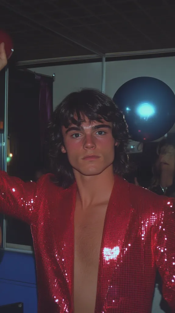 A young man with long dark hair is wearing a sparkly red jacket and looking directly at the camera. He is standing in a dimly lit room with a blue disco ball hanging in the background.  The photo appears to have been taken in the 1970s.  The man's expression is serious and a bit intense.