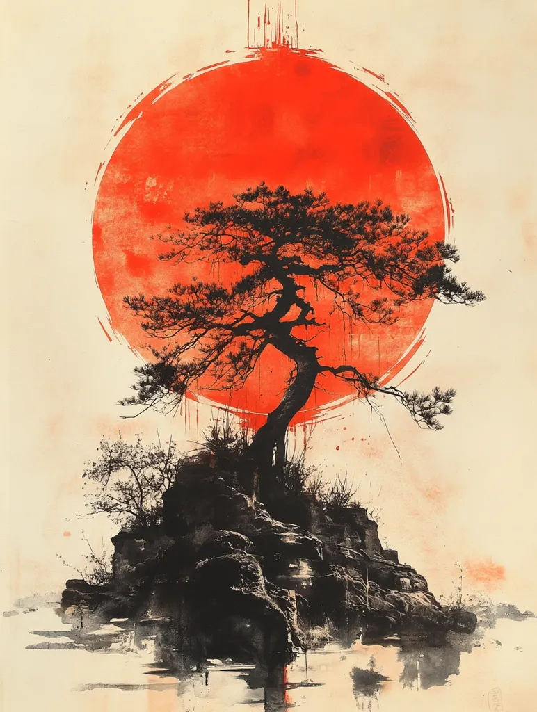 A large, red sun dominates the background, painted with a rough, textured stroke. A lone tree stands on a rocky outcrop, its silhouette stark against the vibrant red. The image is a study in contrasts, with the fiery sun juxtaposed with the dark, solitary tree, creating a sense of isolation and serenity. The overall effect is one of quiet contemplation and a sense of nature's enduring power.