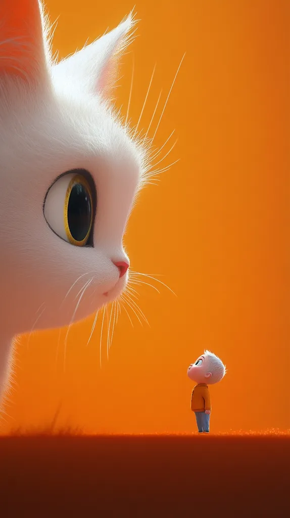 A large, white, cartoon cat with big, golden eyes and a pink nose looks down at a small, cartoon boy wearing an orange shirt and blue jeans. The boy is looking up at the cat with his mouth slightly open. They are both standing on a bright orange surface. The background is a solid orange color. The cat is drawn in a realistic style, while the boy has a more cartoonish look. The image is likely a cartoon illustration.