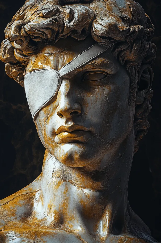 The image shows a close-up of a marble bust of a man with a white eye patch. The bust is sculpted in a realistic style, with detailed features and a strong sense of presence. The man's hair is styled in a short, wavy cut, and his face is sculpted with a serious, stoic expression. The eye patch is a prominent feature, adding an element of mystery and intrigue to the bust. The marble is textured with subtle veining, giving the bust a sense of age and history. The lighting is dramatic, casting deep shadows that accentuate the bust's contours. The overall effect is one of power and strength, suggesting a figure of authority and importance.