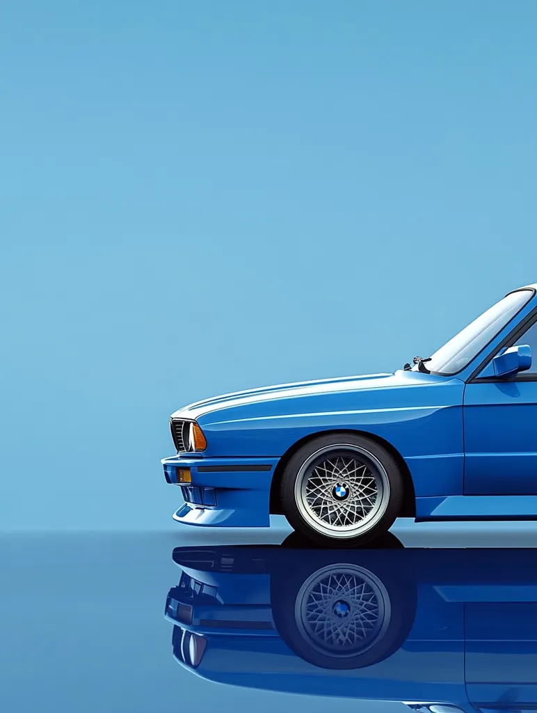 A blue BMW M3 is shown from the driver's side, facing the right.  The car is parked on a reflective surface, creating a mirror image of itself.  The car is set against a blue background, with the focus on the car's front end and its large, intricate wheels.