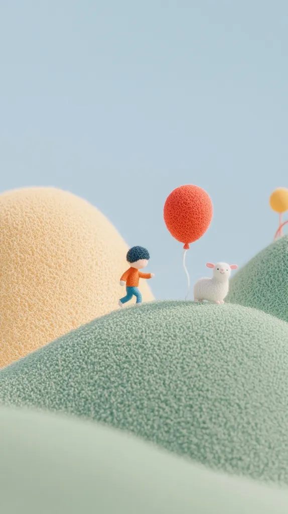 A small cartoon boy in orange and blue clothing walks across a green hill, with a red balloon floating in the air and a white lamb standing on the hill behind him. The hills are all textured with a soft, fuzzy look. The background is a light blue sky.  The overall scene is whimsical and lighthearted.