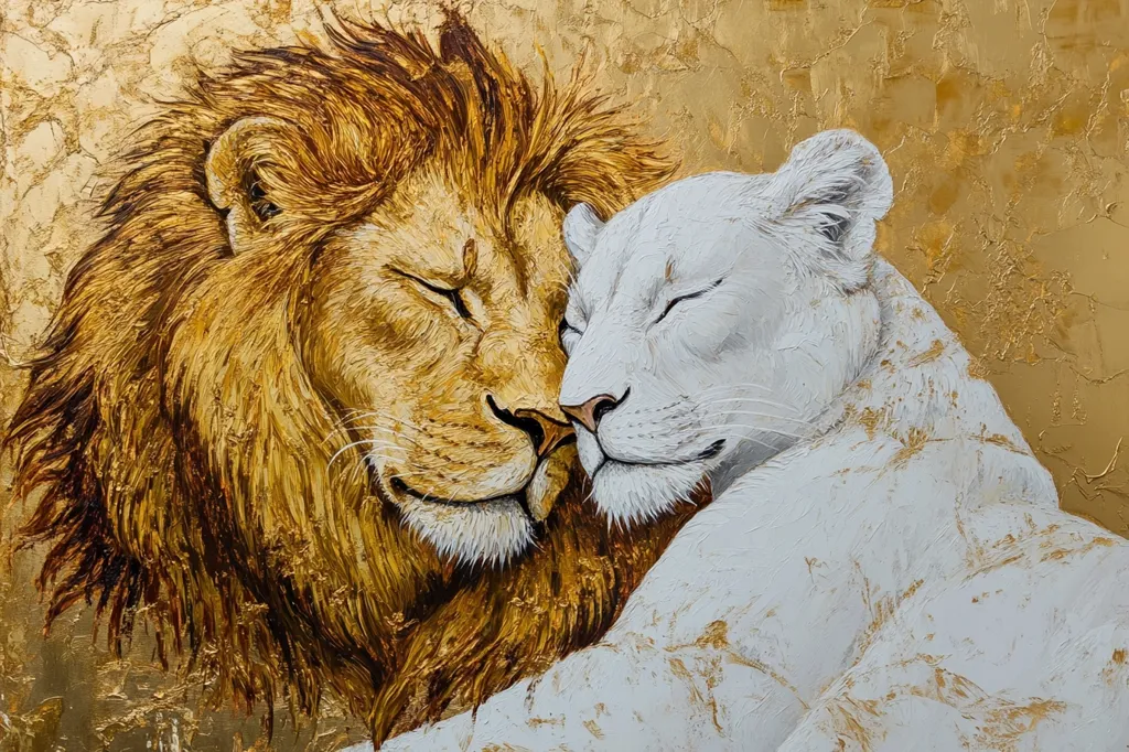 The image is a painting of a lion and a lioness. The lion is golden brown, while the lioness is white. They are nestled together with their eyes closed, suggesting a sense of love, peace, and tranquility. The background is a textured golden color, adding to the sense of warmth and luxury. The painting captures a moment of intimacy between the two animals, symbolizing a bond of trust and affection.
