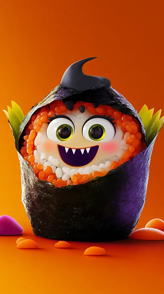 A cartoon sushi roll with a smiling face, big eyes, and a row of sharp teeth. The roll is wrapped in seaweed and topped with orange roe. It's sitting on an orange background with smaller orange and purple jelly candies scattered around it.  The roll's happy expression and playful design create a whimsical and fun mood.