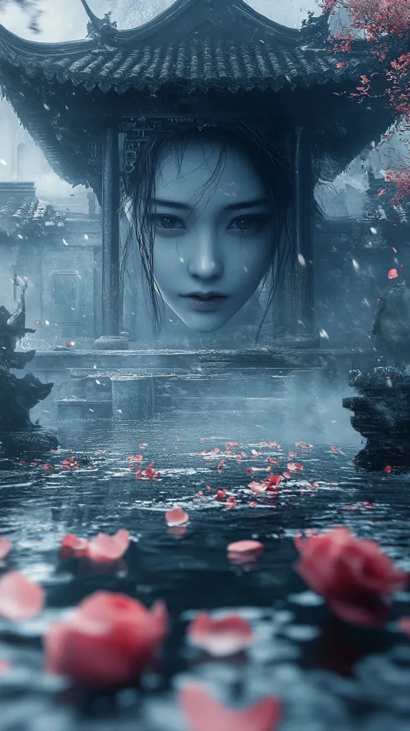 The image features a woman's face framed by a traditional Japanese gate. Her face is pale and her eyes are wide, suggesting a sense of wonder or perhaps sadness. The setting is mysterious and dreamlike, with soft, diffused lighting and a serene, misty pond in the foreground. Pink petals float on the water, adding a touch of ethereal beauty to the scene.