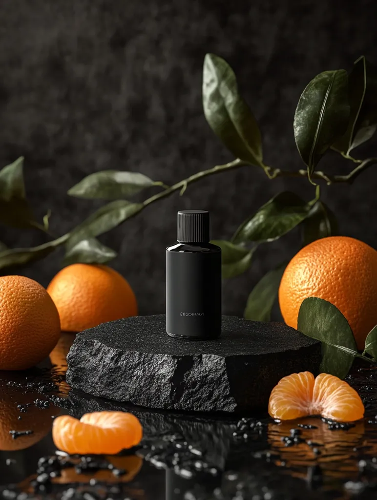 A black bottle of essential oil sits atop a dark, rough-hewn stone platform, surrounded by vibrant orange mandarins and their leafy branches. The scene is minimalist and elegant, highlighting the natural beauty of the citrus fruit and the simplicity of the bottle. The dark background and reflective surface create a moody ambiance, emphasizing the  contrast between the bright citrus and the muted tones of the setting.