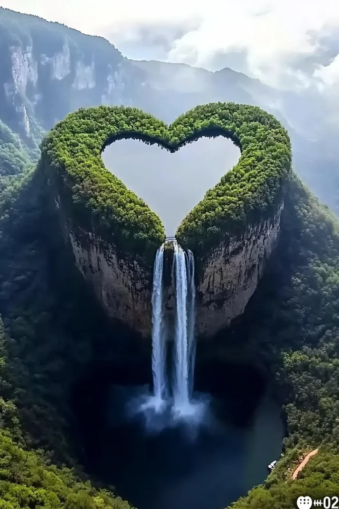 A majestic waterfall cascades down a heart-shaped cliff face, creating a breathtaking spectacle in the heart of a lush, green valley. The surrounding foliage adds to the beauty of the scene, while the distant mountains provide a picturesque backdrop. The light blue sky is barely visible above the clouds, suggesting a misty, romantic ambiance.
