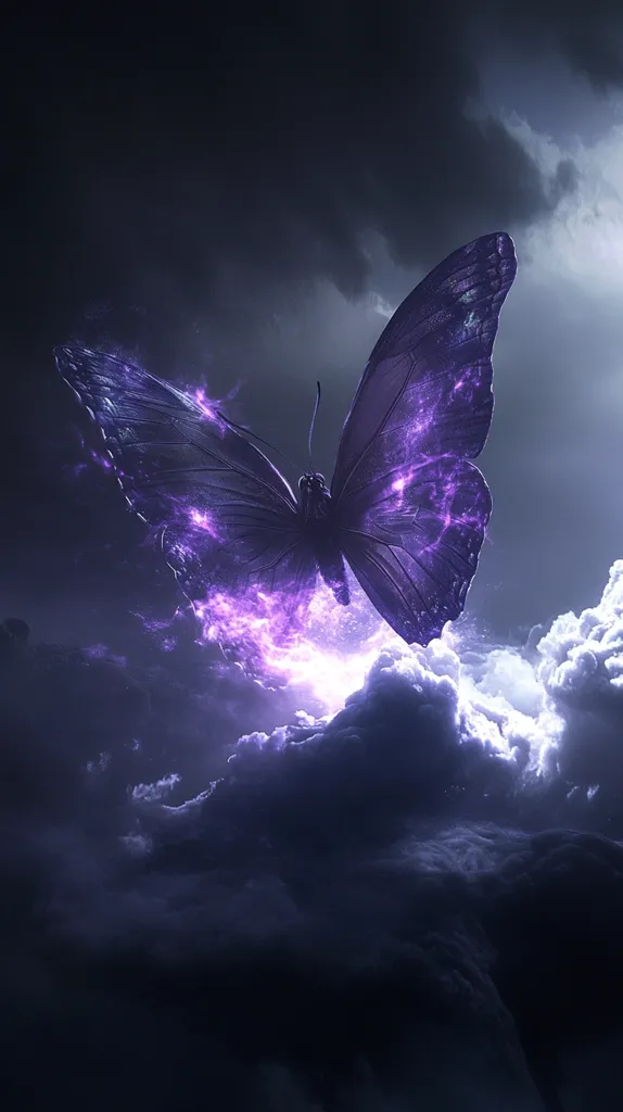 A large, purple butterfly with glowing wings flies against a backdrop of dark, stormy clouds. The butterfly is in the middle of the frame, with its wings spread wide. The clouds are dark and stormy, but there is a faint glow coming from the butterfly's wings. The image is dark and mysterious, with a sense of wonder and magic.  The butterfly seems to be emerging from or flying into the storm.