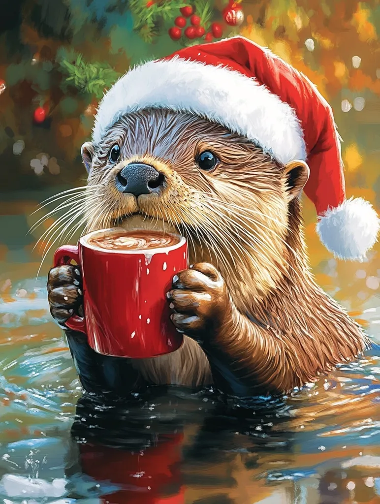 A cute otter wearing a Santa hat is sitting in a river, holding a red mug with a warm beverage. The otter is looking at the camera with a sweet expression, enjoying its drink. The scene is set in a wintery forest with blurred greenery and a hint of red berries in the background. The overall tone is playful and festive.