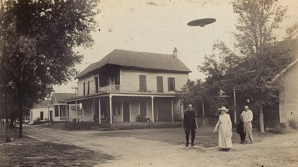 The black and white image depicts a quaint, two-story house with a porch. The home is situated in a small town, surrounded by trees and other homes. A large, unidentified flying object (UFO) hovers above the house, casting a shadow.  Three people stand in the foreground, seemingly oblivious to the object in the sky. The image evokes a sense of mystery and wonder, hinting at a possible extraterrestrial encounter.