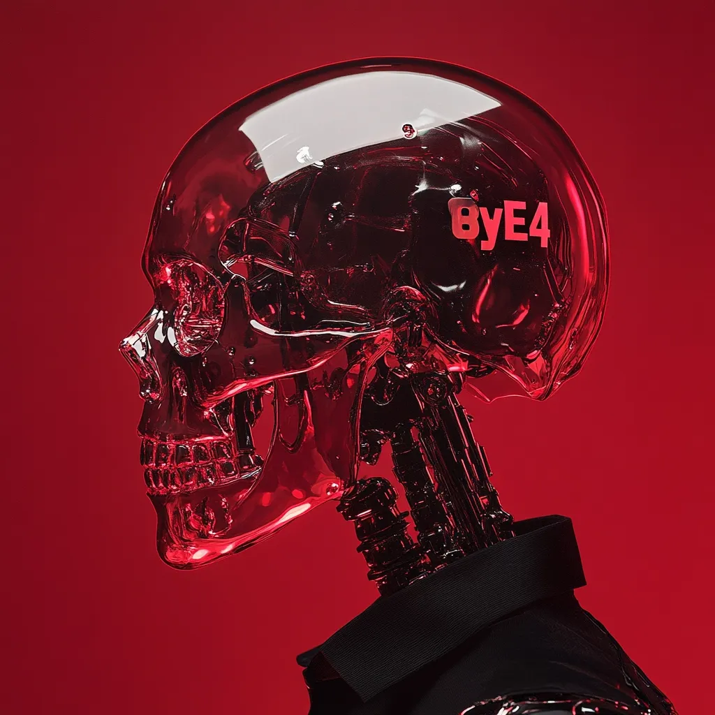 The image shows a robot skull, its transparent head revealing intricate gears and wiring, against a vibrant red background. The skull is partially obscured by a black collar, suggesting a robotic body. The text "8yE4" is emblazoned across the forehead, adding a futuristic and enigmatic touch. The overall composition creates a striking visual that blends mechanical detail with a sense of mystery and technological advancement.