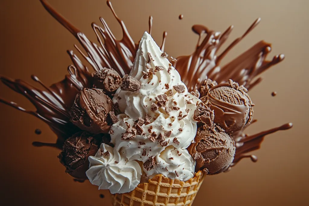 A waffle cone filled with white ice cream, chocolate shavings, and chocolate-covered ice cream balls is surrounded by a dramatic splash of melted chocolate. The ice cream is a decadent mix of textures and flavors, with the chocolate adding a rich and indulgent element. The image is visually stunning and evokes a sense of deliciousness.