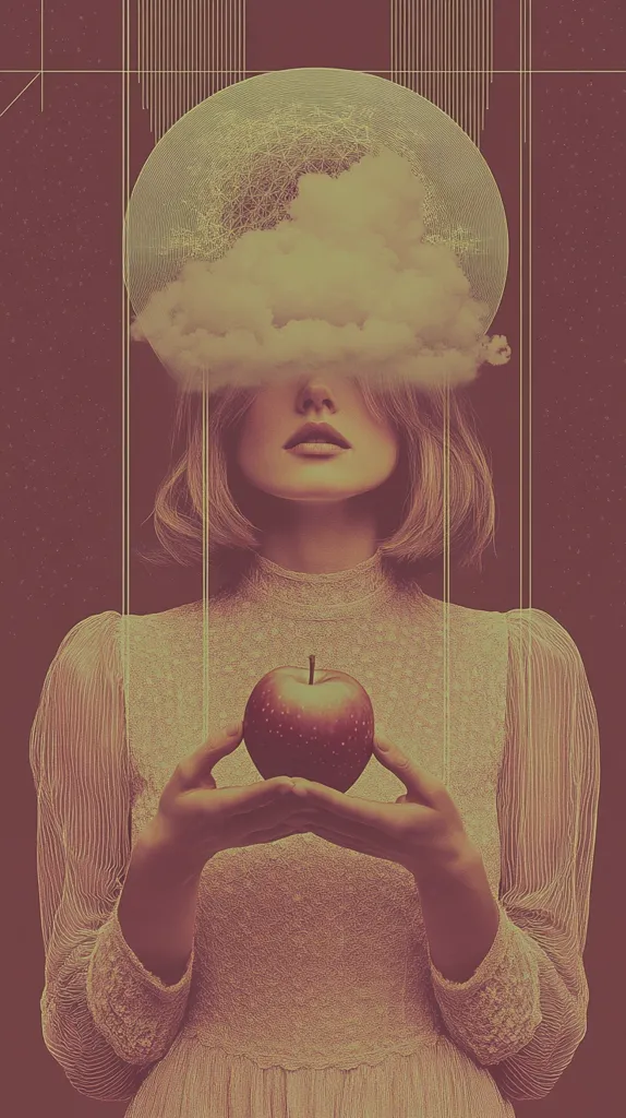 The image depicts a woman with a cloud obscuring her eyes, holding a red apple. Her face is visible beneath the cloud, and her expression is serene. The background is a dark red, punctuated by thin lines of gold. The overall tone is one of mystery and intrigue. The image could be interpreted as a symbol of temptation or knowledge, with the apple representing forbidden fruit. The woman's serene expression and the cloud obscuring her eyes suggest a sense of inner conflict or hidden knowledge.
