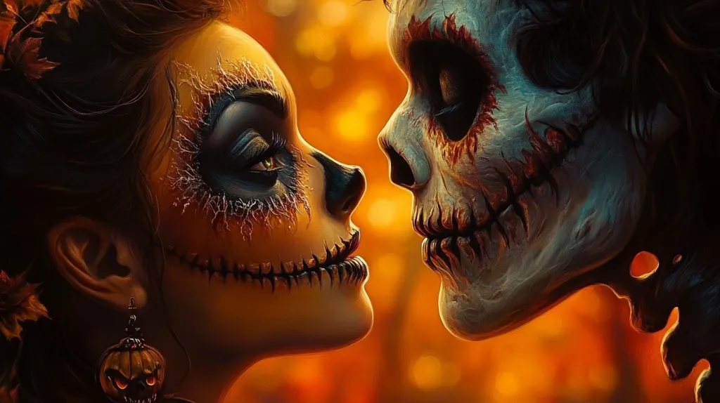 A woman with intricate skull makeup, adorned with a pumpkin earring, gazes intensely at a skeletal figure with a similar makeup style. They stand against a backdrop of warm, orange hues. Their expressions convey a mix of love, longing, and a hint of the macabre. The image evokes a sense of gothic romance and the celebration of life and death.