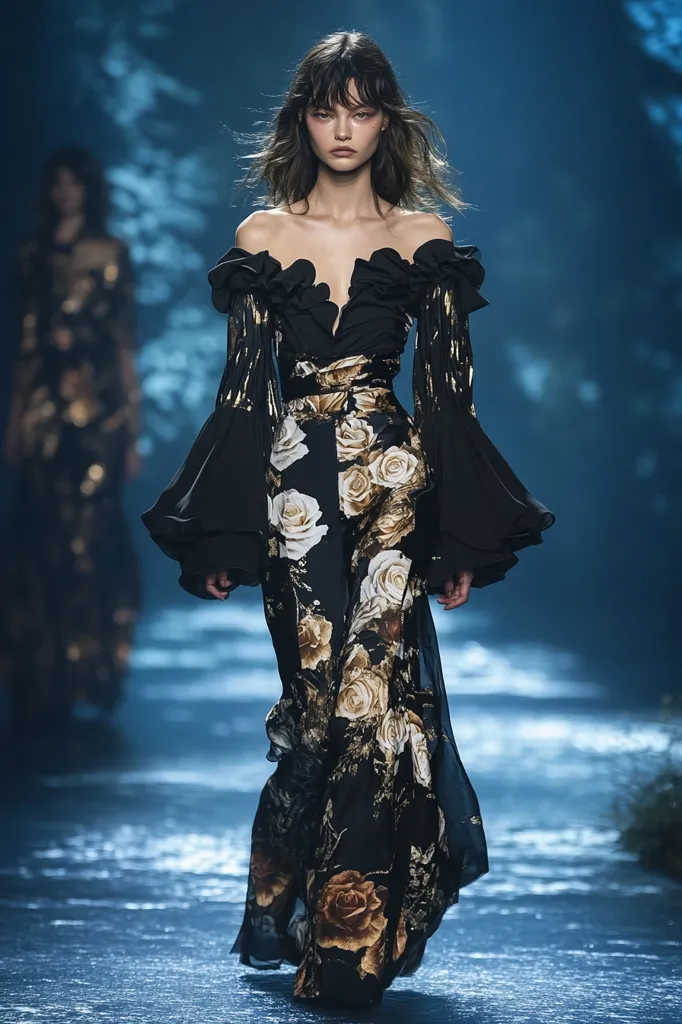 A young woman walks down a runway, showcasing a black and gold floral gown with dramatic, ruffled sleeves. Her dark hair frames her face, and she sports a soft, ethereal makeup look. The background is a blurred blue, suggesting a mystical or fantastical setting. The overall look is elegant and romantic, with a touch of drama.