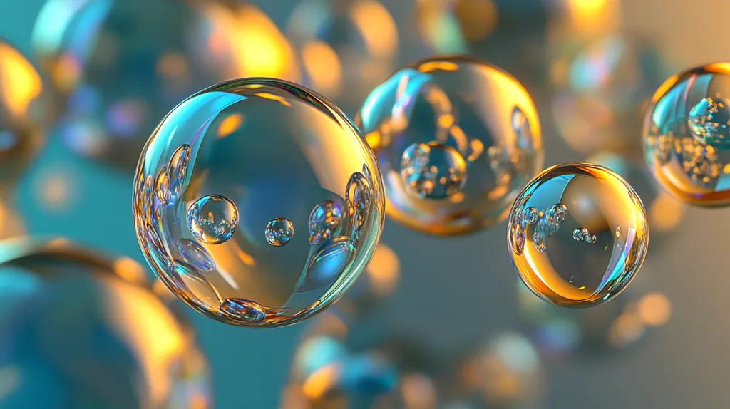 The image shows a close-up of several iridescent bubbles floating in mid-air. They are spherical and translucent, reflecting light in a rainbow of colors. The background is a soft, blurred blue and green, creating a dreamy and ethereal atmosphere. The bubbles appear delicate and fragile, suggesting a sense of wonder and fleeting beauty.