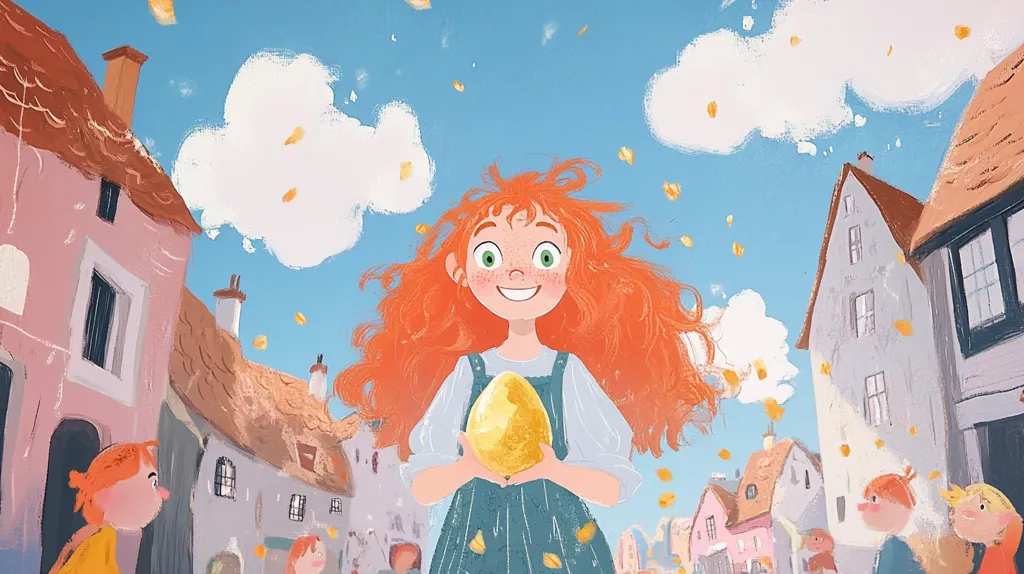 The image shows a young girl with bright red hair and freckled cheeks. She is holding a large, golden egg in her hands and is walking through a town. The sky is blue and there are fluffy white clouds and yellow leaves falling. The town is made of quaint buildings with colorful windows. It seems like a happy, magical place.