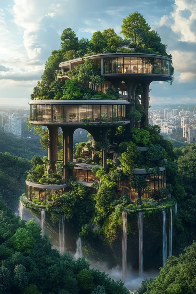 A futuristic, multi-level building is nestled within a lush, verdant forest. It is a circular structure with glass windows, seamlessly blending with the natural surroundings. The building appears to be suspended on stilts, with several waterfalls cascading down the cliffside below. The scene evokes a harmonious balance between nature and modern architecture.