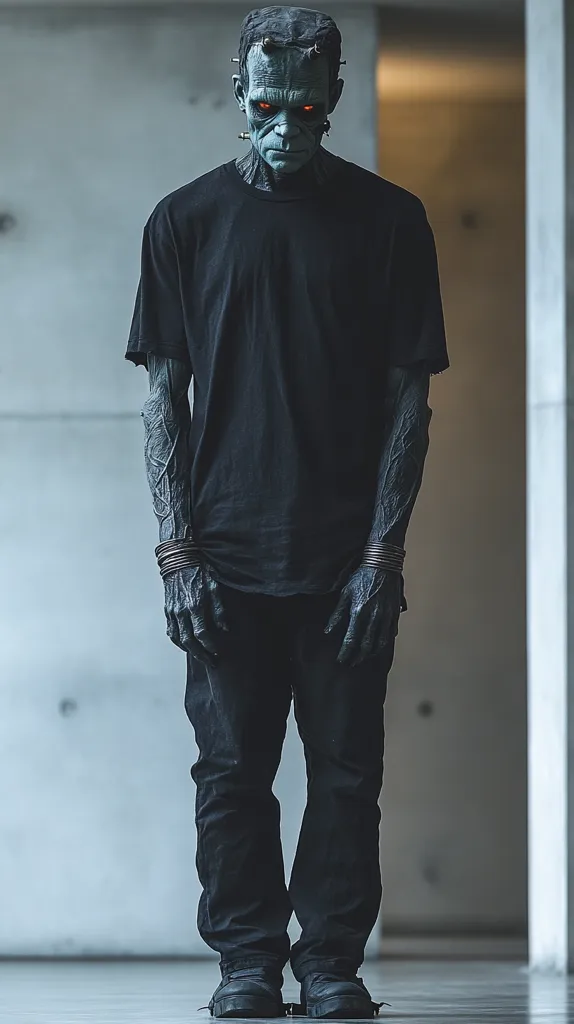 The image shows a man wearing a black t-shirt and pants. He has a blue face with red eyes and appears to be wearing a mask. He stands in a doorway with a plain background. His arms are extended at his sides and he appears to be staring at something. His hands are clasped together. His posture is relaxed.