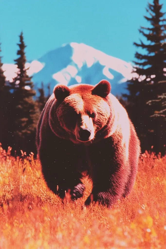 A large brown bear walks through a field of orange grass. It's looking directly at the camera. The background is a snowy mountain peak, with tall evergreen trees on either side of the bear. The image is taken from a low angle, making the bear appear large and imposing. The overall tone of the image is dramatic and atmospheric.