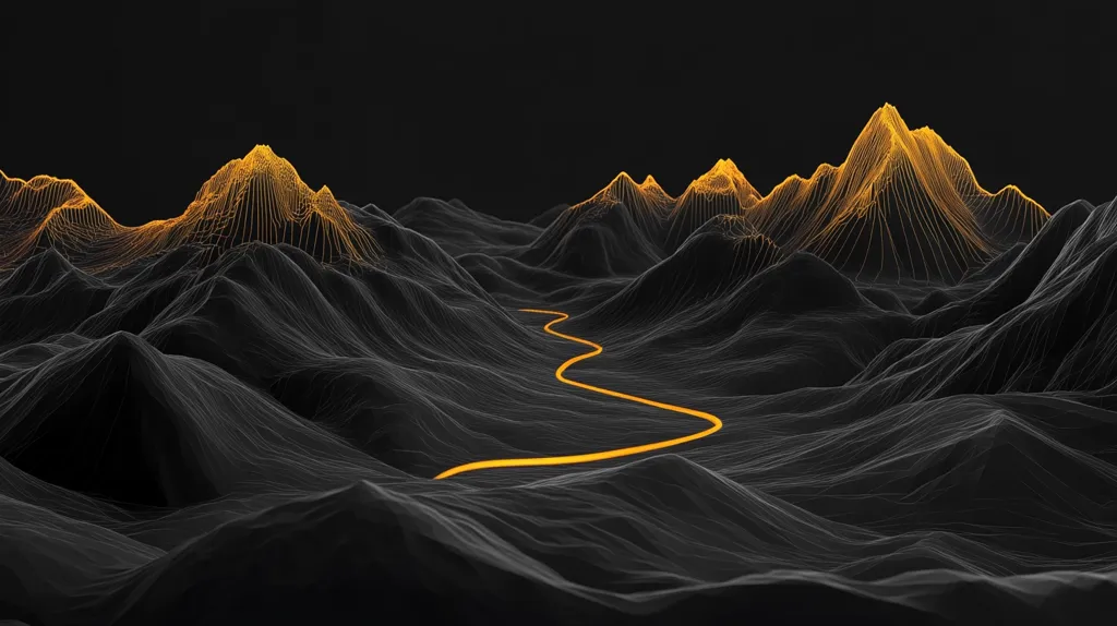 A winding, glowing yellow path snakes its way through a dark, mountainous landscape. The mountains are rendered in a digital style, with lines forming their peaks and valleys. The path is the only source of light in the scene, creating a dramatic and mysterious atmosphere.