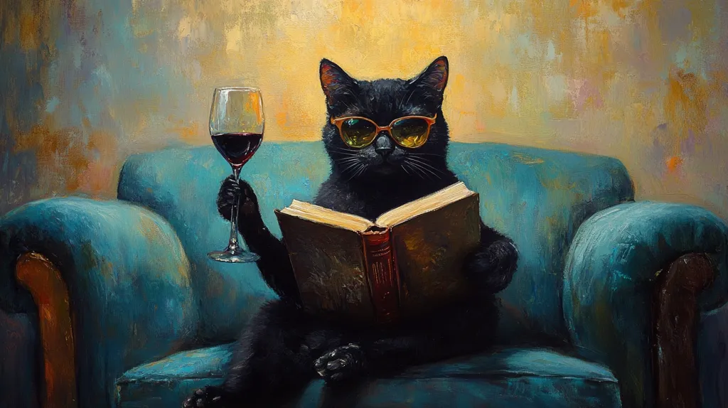 A black cat wearing sunglasses sits on a teal armchair. It is holding a glass of red wine in one paw and a book in the other. The background is a blurry, impressionistic painting of a warm yellow and orange. The cat appears to be enjoying a relaxing evening at home.