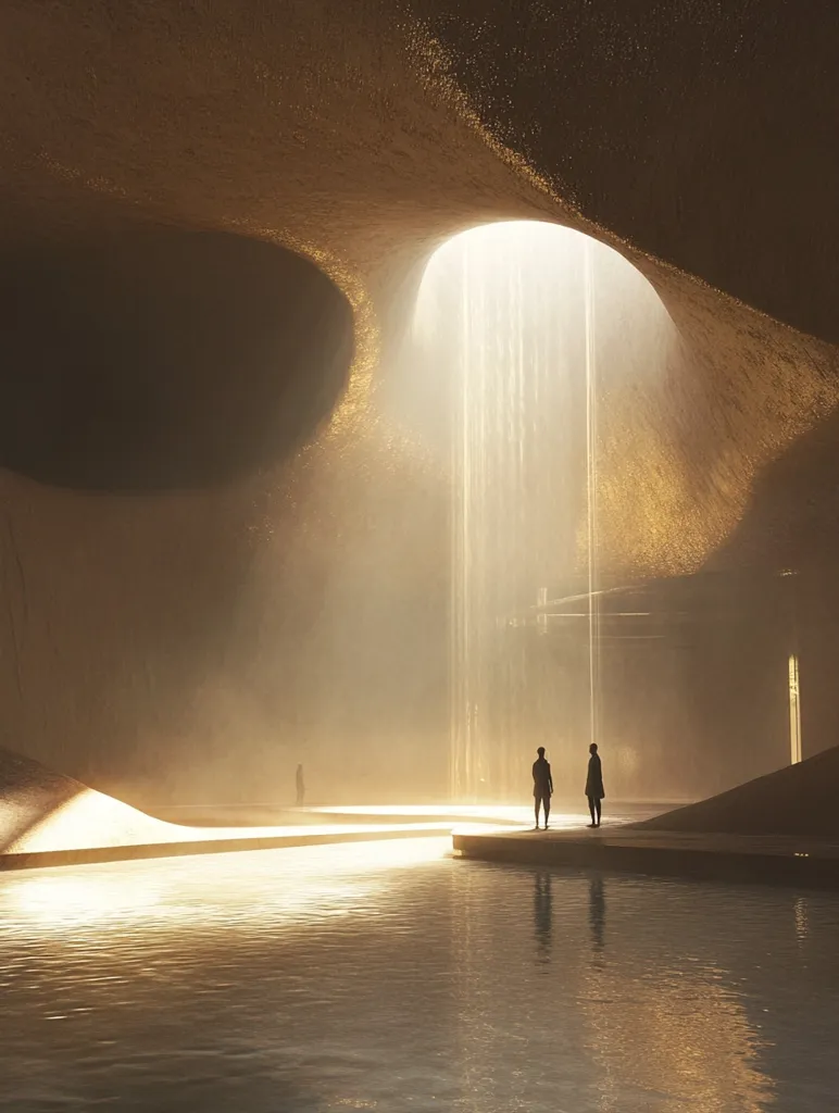 Two figures stand silhouetted against a beam of light that streams through a large opening in the ceiling of a cavernous structure. The light illuminates a reflecting pool of water in the foreground and casts soft shadows on the walls of the cavern. The scene is bathed in a warm, golden light.  The overall impression is one of mystery and wonder.