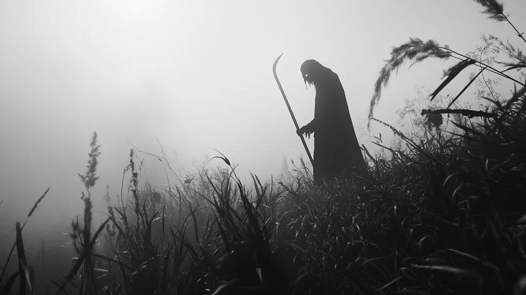 A shadowy figure, cloaked and holding a long, curved blade, stands in a field of tall grass. The figure is partially obscured by fog, creating an eerie and mysterious atmosphere. The image is in black and white, emphasizing the contrast between light and dark. The composition is simple, with the figure as the main subject, and the tall grass providing a background that adds to the sense of mystery and isolation.