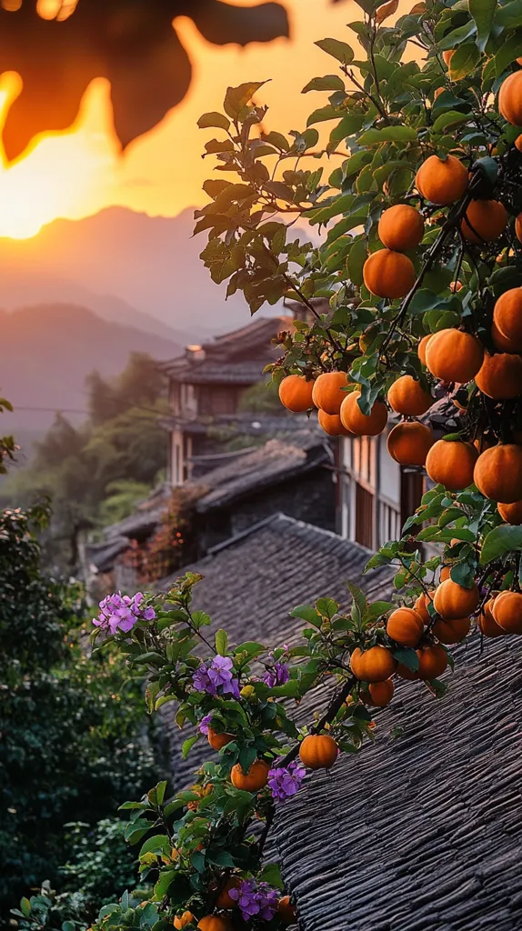 A vibrant orange tree laden with ripe fruit grows against a backdrop of a quaint village. The sun sets behind the mountains, casting a warm glow over the scene. Delicate purple blossoms adorn the branches, adding a touch of color and beauty. The image captures a moment of tranquility and abundance, showcasing the simple beauty of nature in a peaceful rural setting.