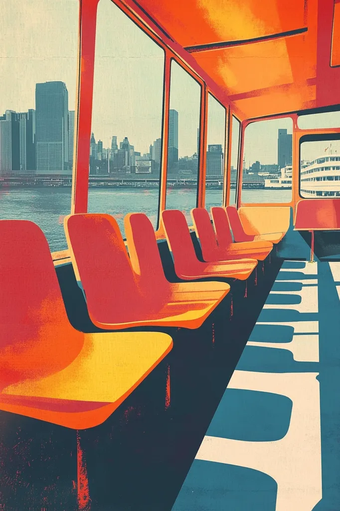 An empty ferry with orange seats faces a cityscape through large windows. The boat is brightly colored with an orange ceiling and blue floor. The cityscape is mostly made up of tall buildings with a few smaller buildings in the background. The water is a deep blue and the sky is a bright blue. The image is stylized with sharp lines and flat colors, creating a geometric and almost abstract effect. The empty seats and the bright colors evoke a sense of anticipation and journey.