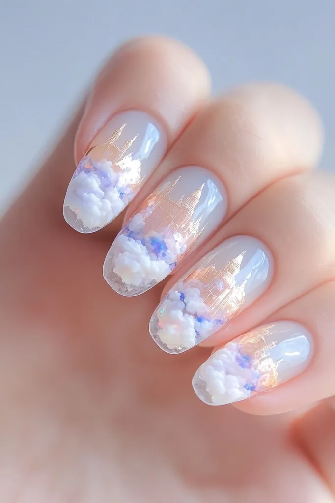 A close-up shot of a hand with manicured nails. Each nail is painted with a clear base, and decorated with an image of a castle in the clouds, with fluffy white clouds and hints of gold and purple. The nails are long and oval-shaped, and the image on each nail is slightly different. The image evokes a dreamy and ethereal feeling.