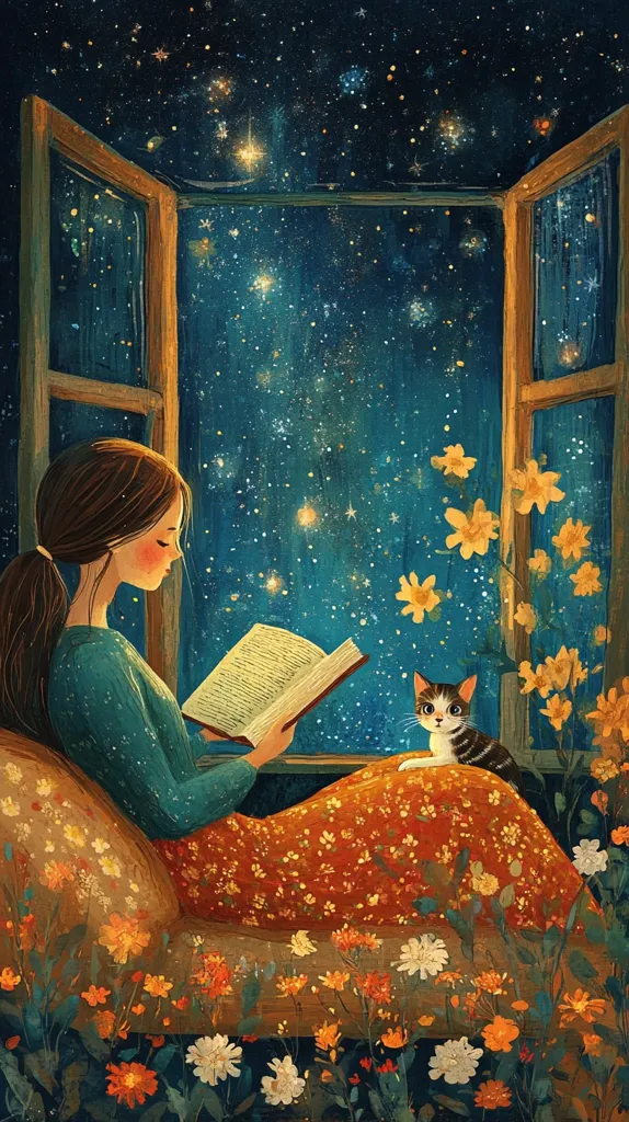 A young woman sits by a window, reading a book with a cat curled up beside her. The window looks out onto a starry night sky, which is reflected in her eyes.  The scene is bathed in a soft, warm light, creating a cozy and peaceful atmosphere.  Yellow flowers bloom in the foreground, adding a touch of vibrancy to the scene. The painting captures the quiet beauty of a simple moment of solitude and connection.