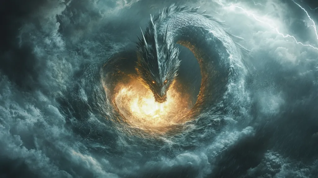 The image depicts a large, menacing dragon emerging from a swirling vortex of water and fire. The dragon's scales are a dark, metallic grey, and its eyes burn with a fiery intensity. In the background, a storm rages with lightning flashing through the dark, swirling clouds. The dragon's presence commands attention, as it seems to be rising from the depths of a powerful storm, ready to unleash its fury. The dramatic lighting and dynamic composition evoke a sense of awe and fear.
