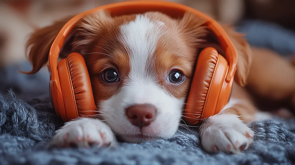 A brown and white puppy with big, brown eyes is wearing bright orange headphones. It is lying on a blue and grey fuzzy blanket, looking intently at the camera. The puppy's ears are sticking out from under the headphones, and its paws are resting on the blanket. It appears to be listening intently to music.
