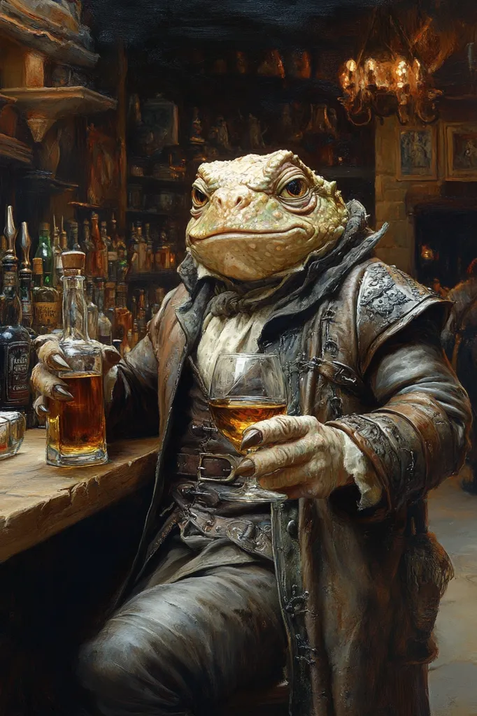 A large, humanoid toad wearing a leather jacket and pants sits at a bar. It holds a glass of amber liquid in one hand and a bottle of similar liquid in the other. The bar is dimly lit with bottles lining the shelves behind the toad. There is a large, ornate chandelier hanging from the ceiling. The scene appears to be a dimly lit tavern.  The toad's expression is neutral.  The image has a dark, slightly spooky, fairytale-like atmosphere.  The toad appears to be taking a break from a long day, and is relaxing with a drink.