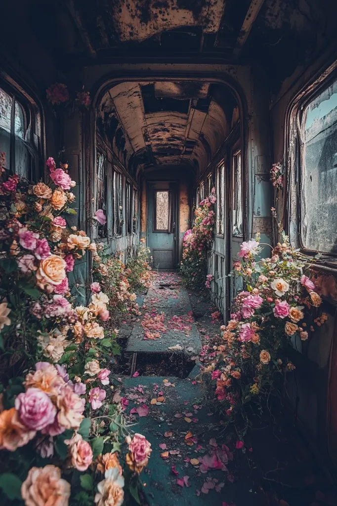 An abandoned train carriage is overgrown with pink and white roses. The flowers spill out of the windows and down the walls, creating a beautiful and ethereal scene. The interior is dark and dusty, but the flowers bring a sense of life and beauty to the forgotten space. The floor is covered in fallen petals, adding to the romantic atmosphere.